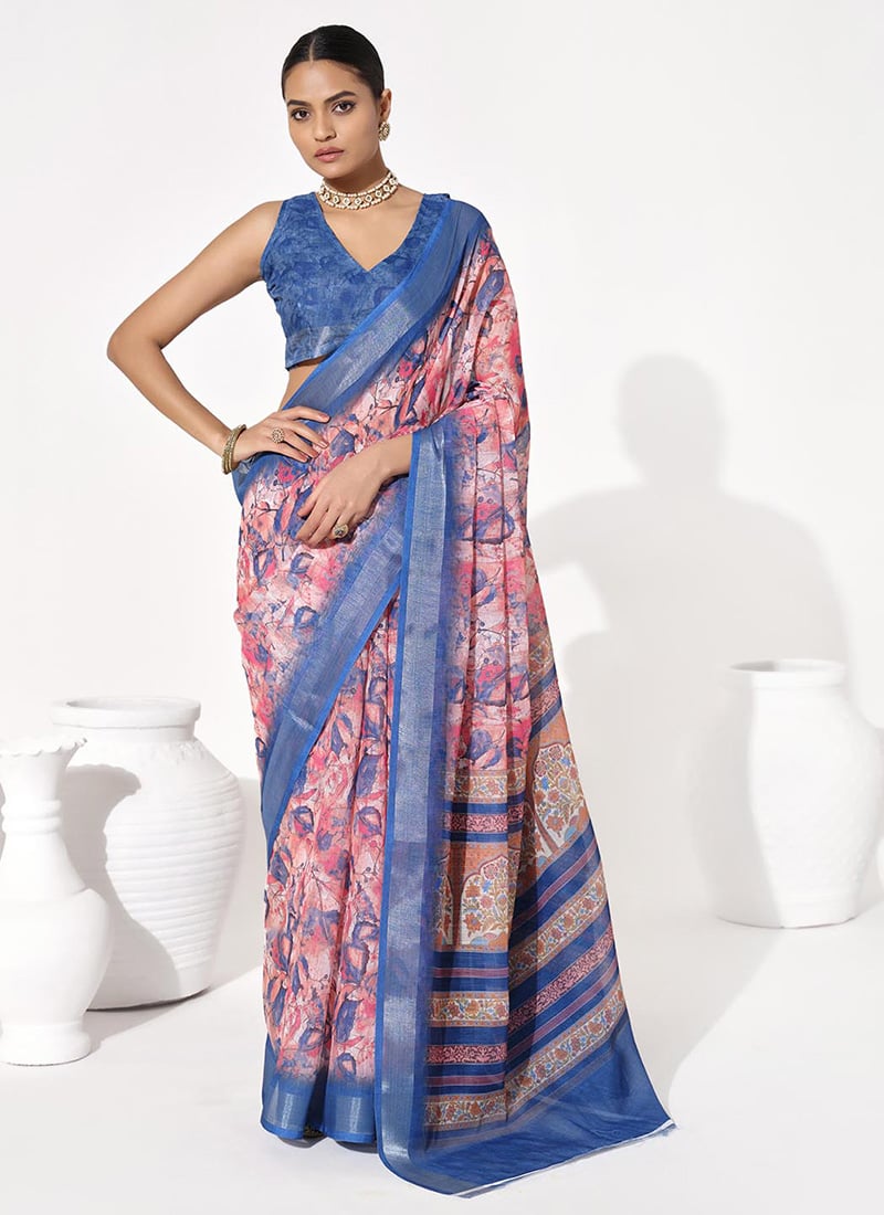 Blue Cotton Blend Digital Print Saree