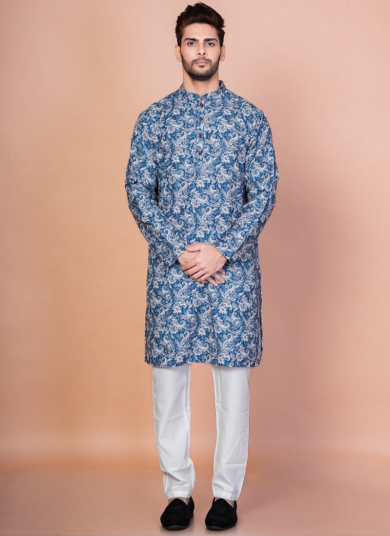 Blue Cotton Blend Printed Kurta Pyjama Festive Wear