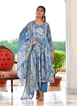 Blue Cotton Blend Zari And Foil Print Straight Pant Suit