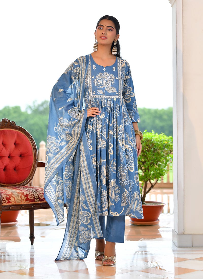 Blue Cotton Blend Zari And Foil Print Straight Pant Suit After Six Wear