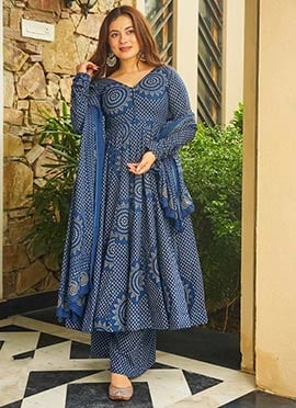 Blue Cotton Digital Print Anarkali Suit
