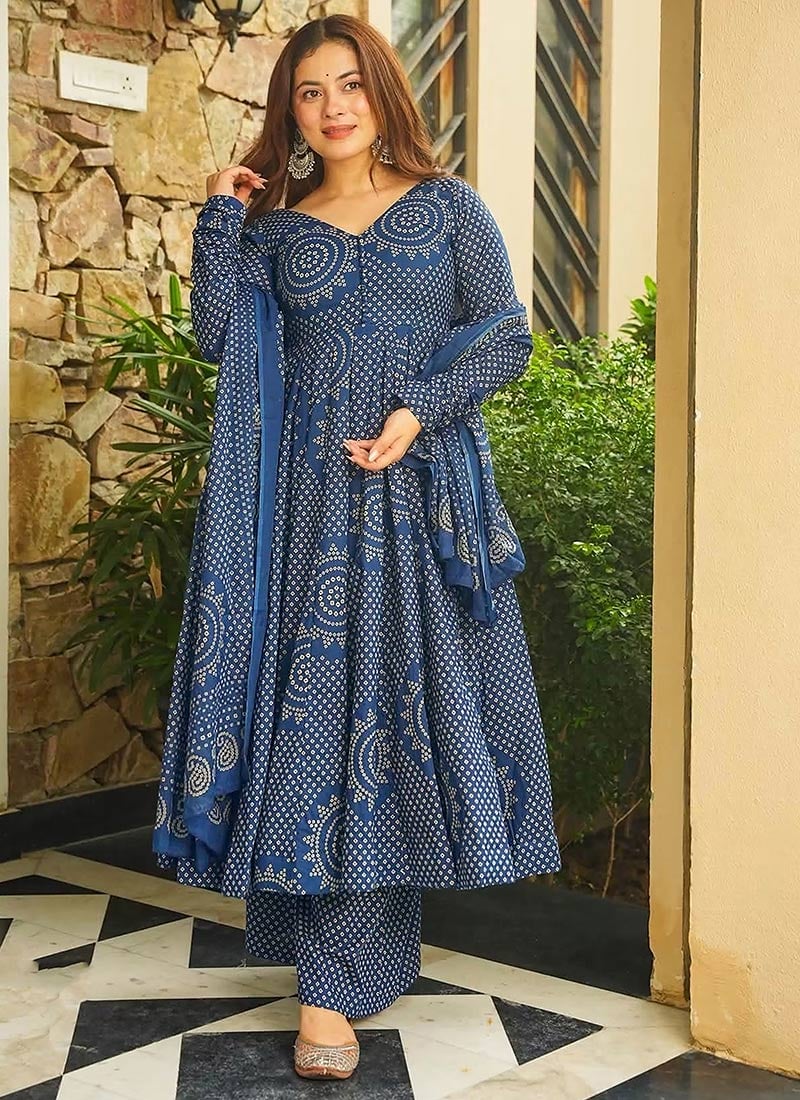 Blue Cotton Digital Print Anarkali Suit After Six Wear