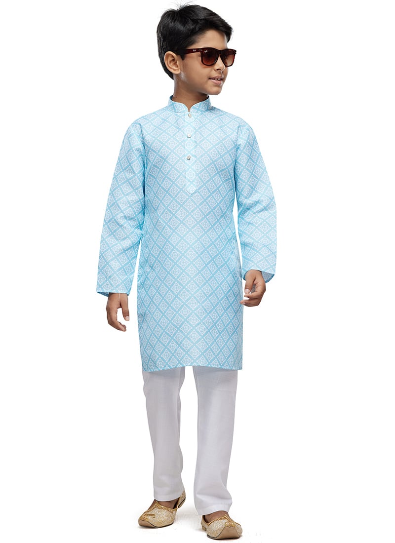 Blue Cotton Digital Print Classic Kids Kurta Pyjama For Young Boys Festive Wear