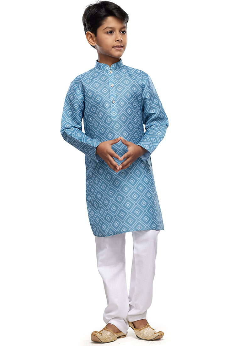 Blue Cotton Digital Print Classic Kids Kurta Pyjama For Young Boys Festive Wear