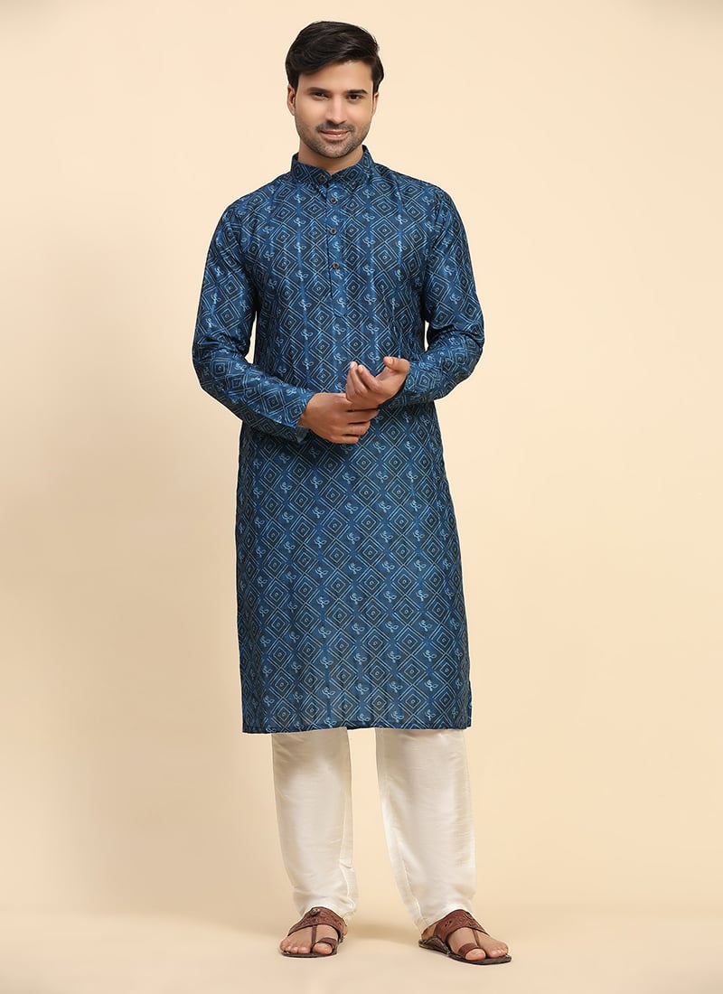 Blue Cotton Digital Print Kurta