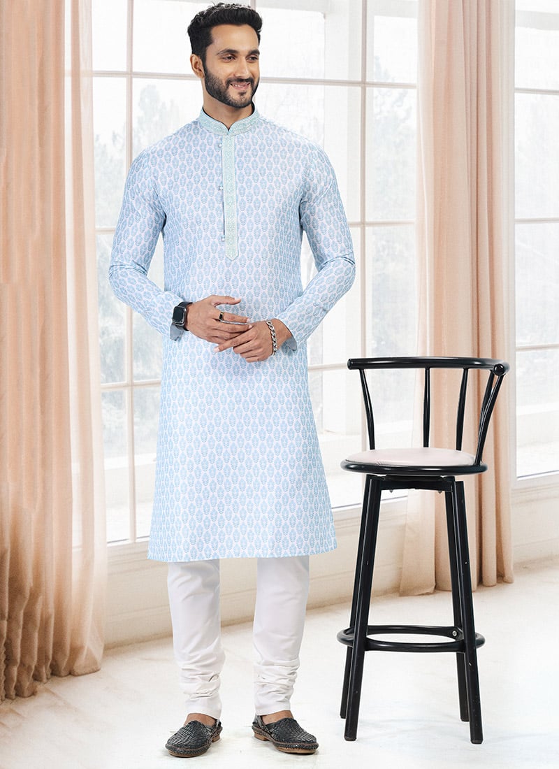 Blue Cotton Digital Printed Kurta Pyjama Festive Wear