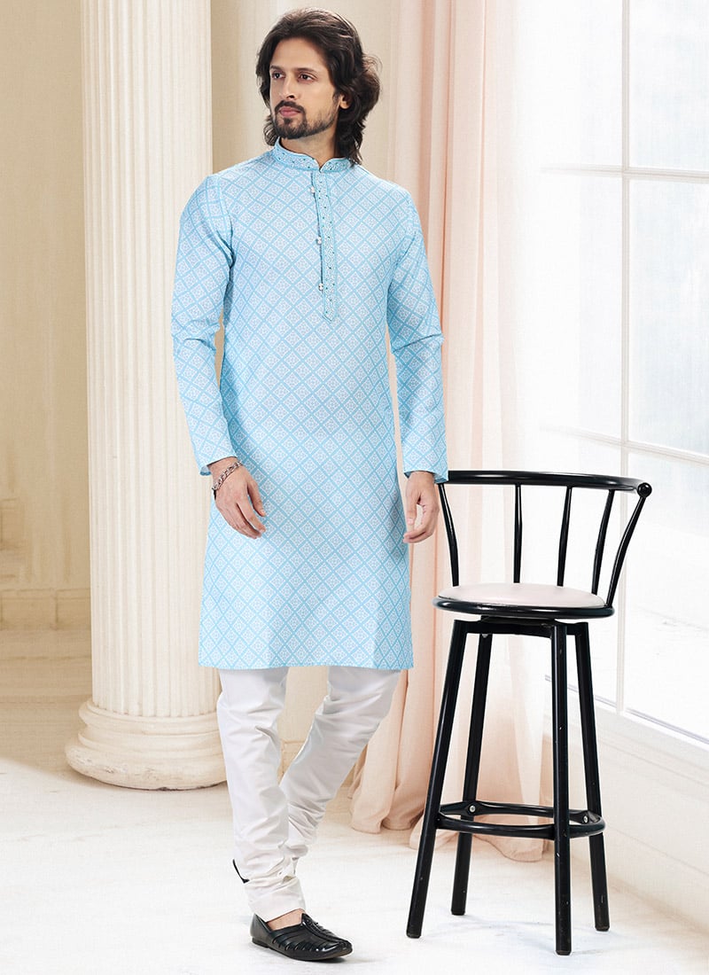 Blue Cotton Digital Printed Kurta Pyjama Festive Wear