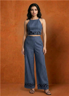 Blue Cotton Embroidered Crop Top Co-ord Set