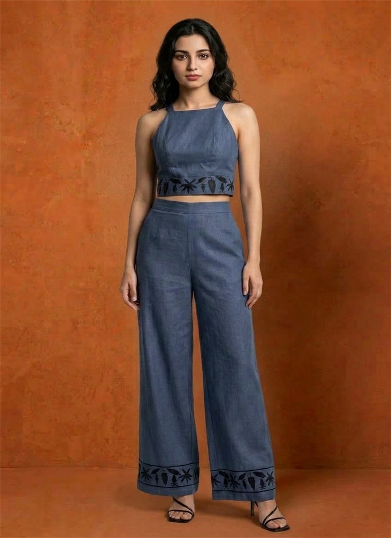 Blue Cotton Embroidered Crop Top Co-ord Set Work Wear