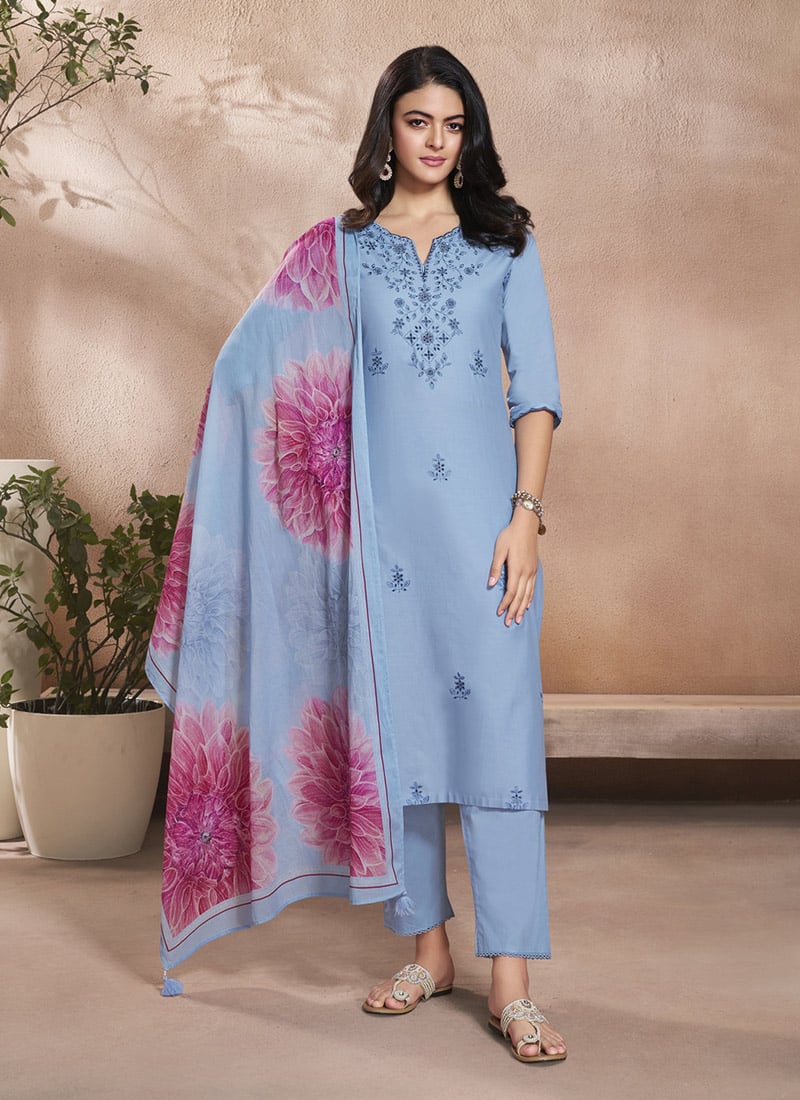 Blue Cotton Embroidered Digital Print Straight Pant Suit