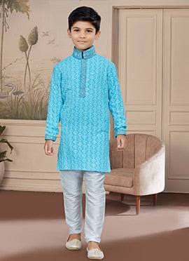 Blue Cotton Embroidered Kurta Pyjama For Boys