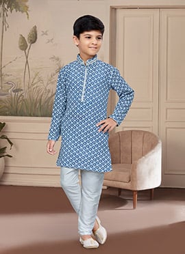 Blue Cotton Embroidered Kurta Pyjama For Boys