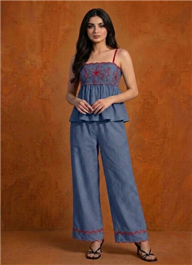 Blue Cotton Embroidered Peplum Co-ord Set