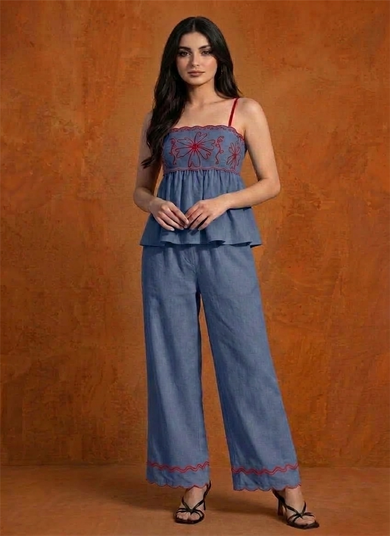 Blue Cotton Embroidered Peplum Co-ord Set After Six Wear