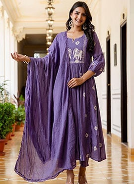 Blue Cotton Embroidered Printed Straight Pant Suit