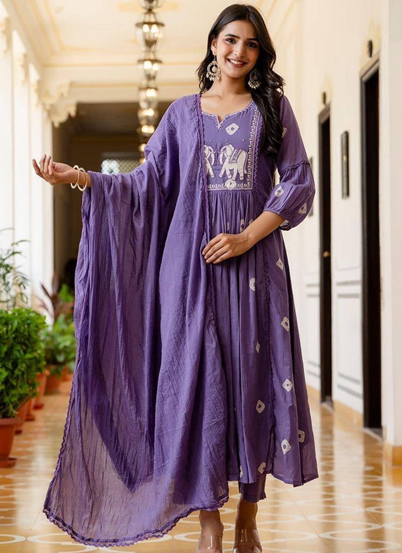 Blue Cotton Embroidered Printed Straight Pant Suit After Six Wear