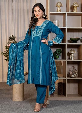 Blue Cotton Embroidered Printed Straight Pant Suit