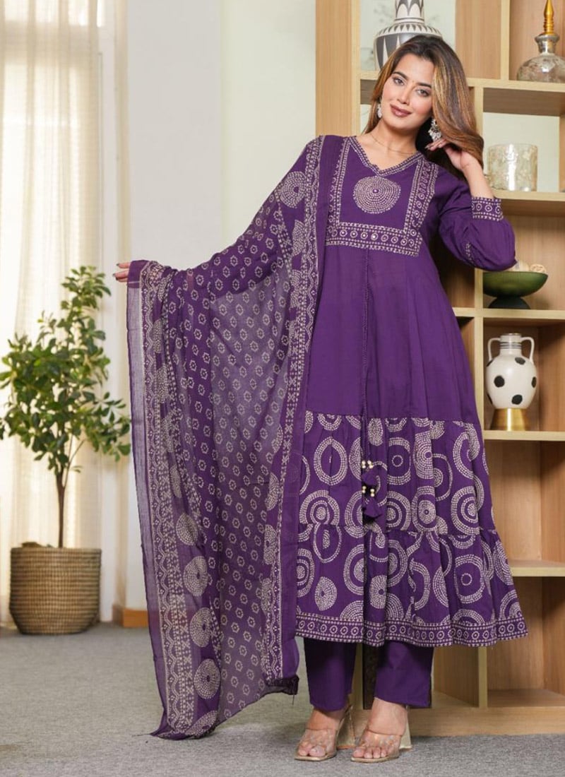 Blue Cotton Embroidered Printed Straight Pant Suit After Six Wear