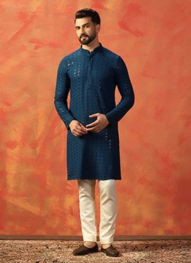 Blue Cotton Embroidered Sequins Kurta Pyjama For Men