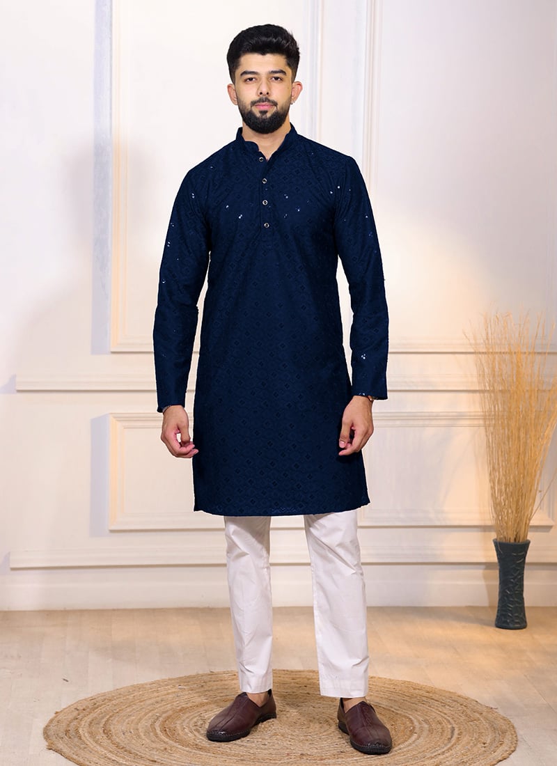Blue Cotton Embroidered Sequins Kurta Pyjama For Men