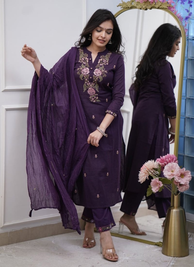 Blue Cotton Embroidered Straight Pant Suit Festive Wear