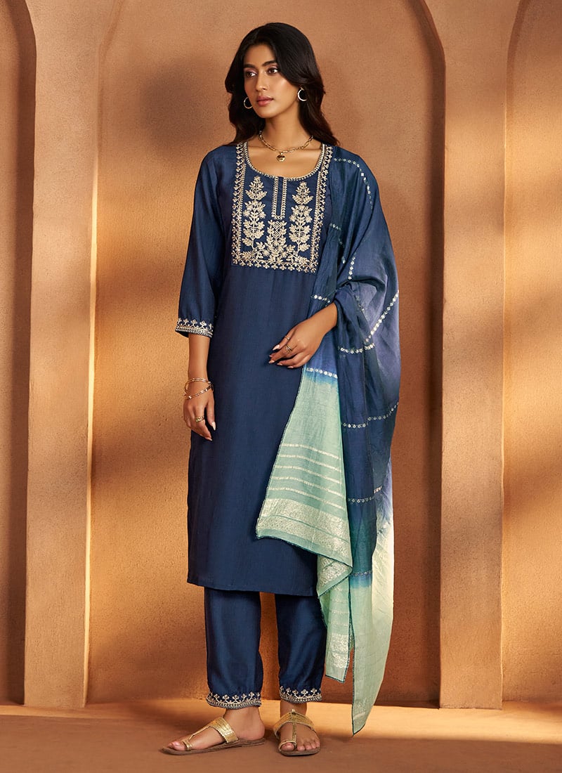 Blue Cotton Embroidered Straight Pant Suit After Six Wear