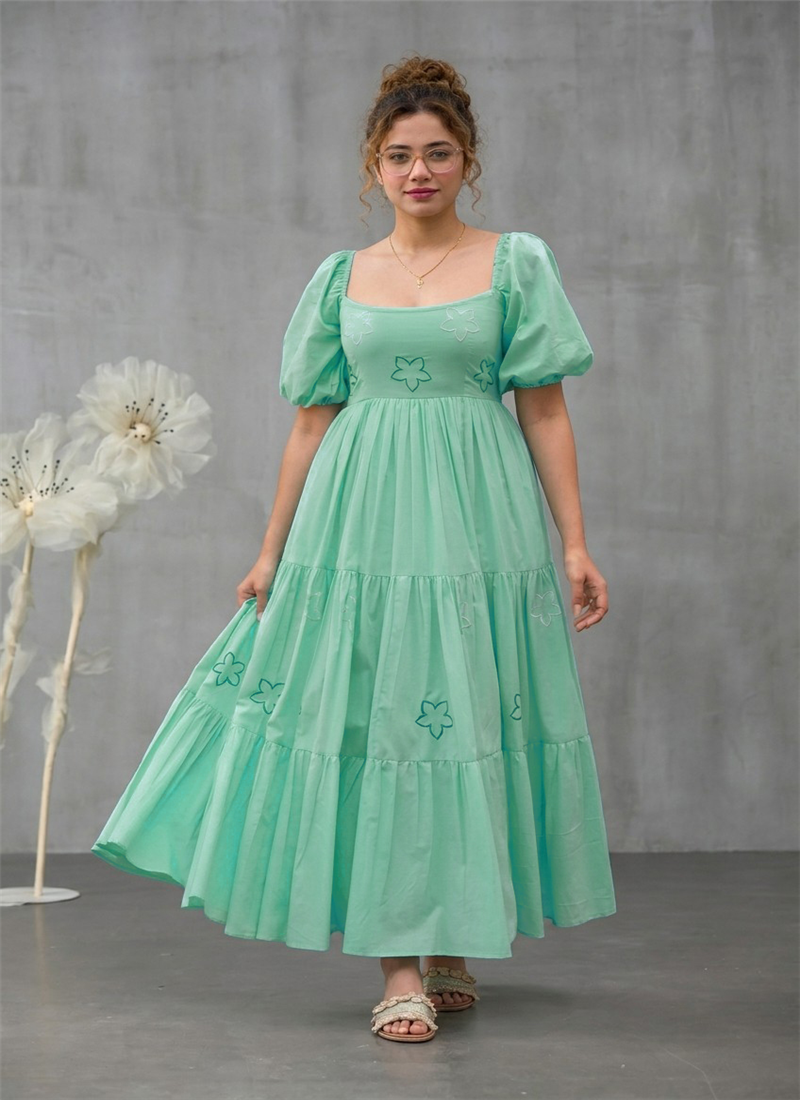Blue Cotton Floral Embroidered Tiered Dress After Six Wear