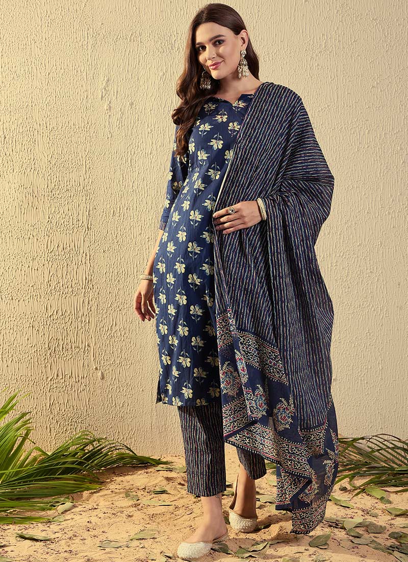 Blue Cotton Floral Print Straight Pant Suit Festive Wear