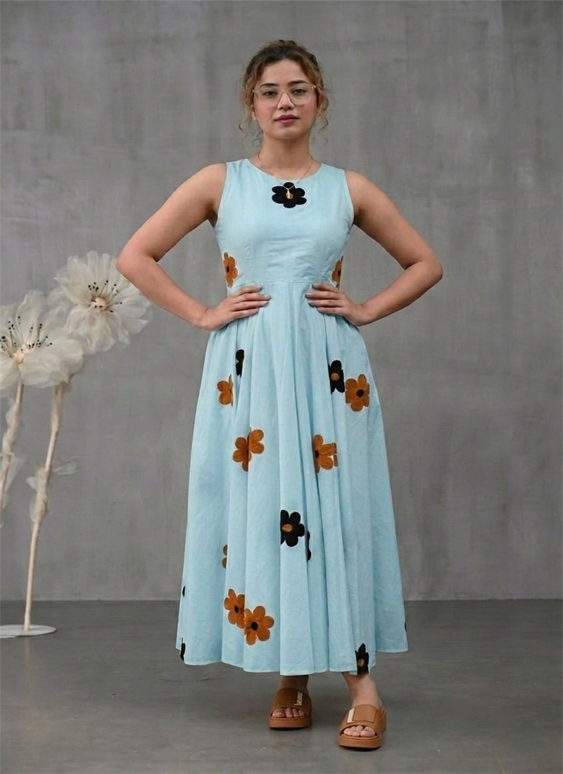Blue Cotton Floral Printed Maxi Dress After Six Wear
