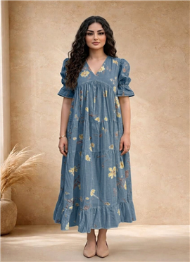 Blue Cotton Floral Printed Tiered  Dress