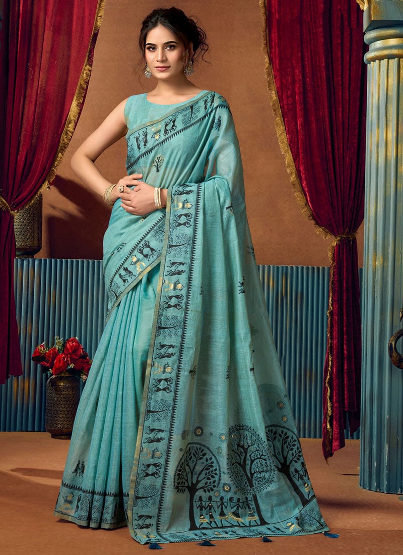 Blue Cotton Foil Print Saree After Six Wear