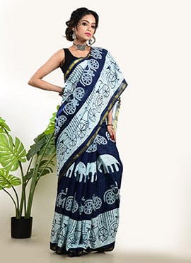 Blue Cotton Hand Painted Saree