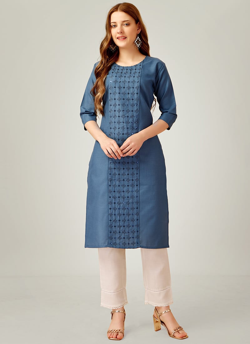 Blue Cotton Kurta Straight Pant Set With Embroidered Sequins After Six Wear