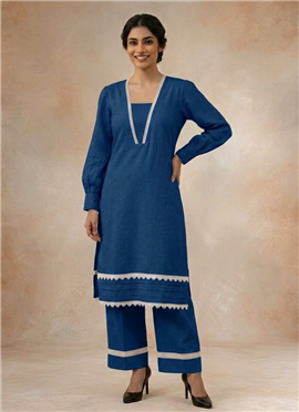 Blue Cotton Lace Detailed Kurta Pant Set