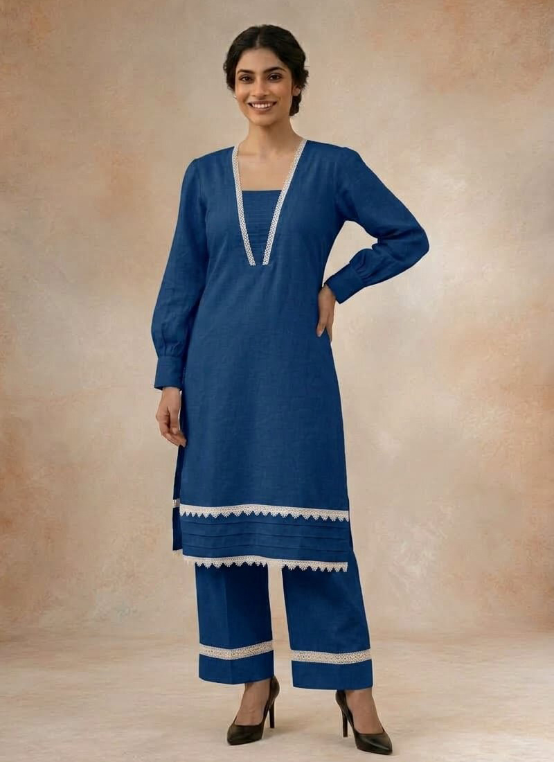 Blue Cotton Lace Detailed Kurta Pant Set Festive Wear