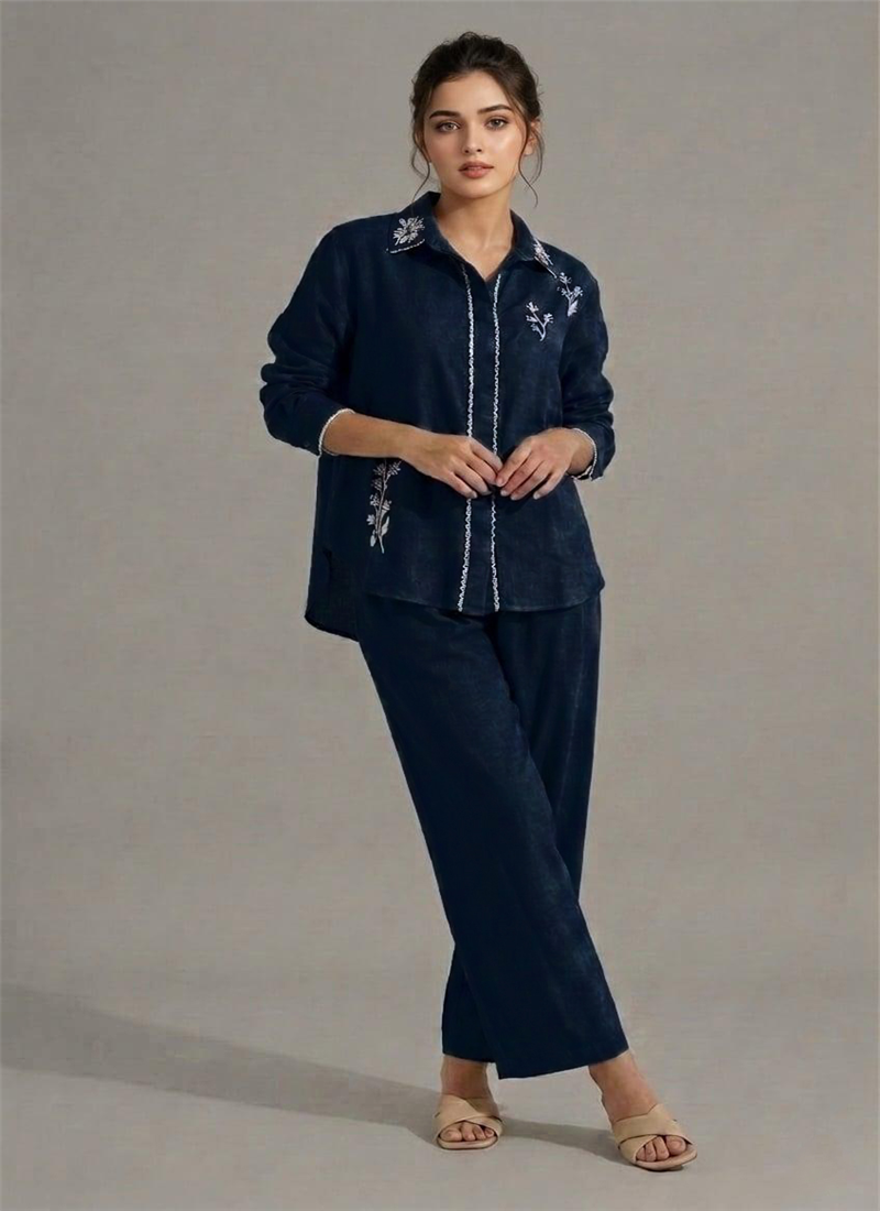 Blue Cotton Linen Stylish Co Ord Set After Six Wear