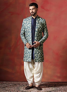 Blue Cotton Paisley Indowestern  Sherwani Patiala Set
