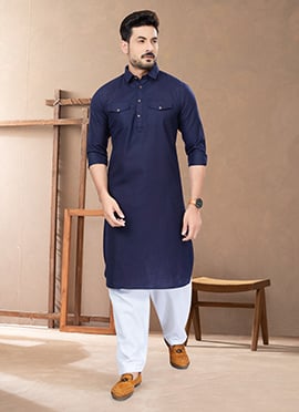 Blue Cotton Pathani Set For Men