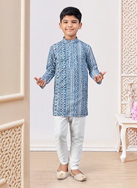 Blue Cotton Printed And Chikankari Embroidered Boys Kurta Pyjama