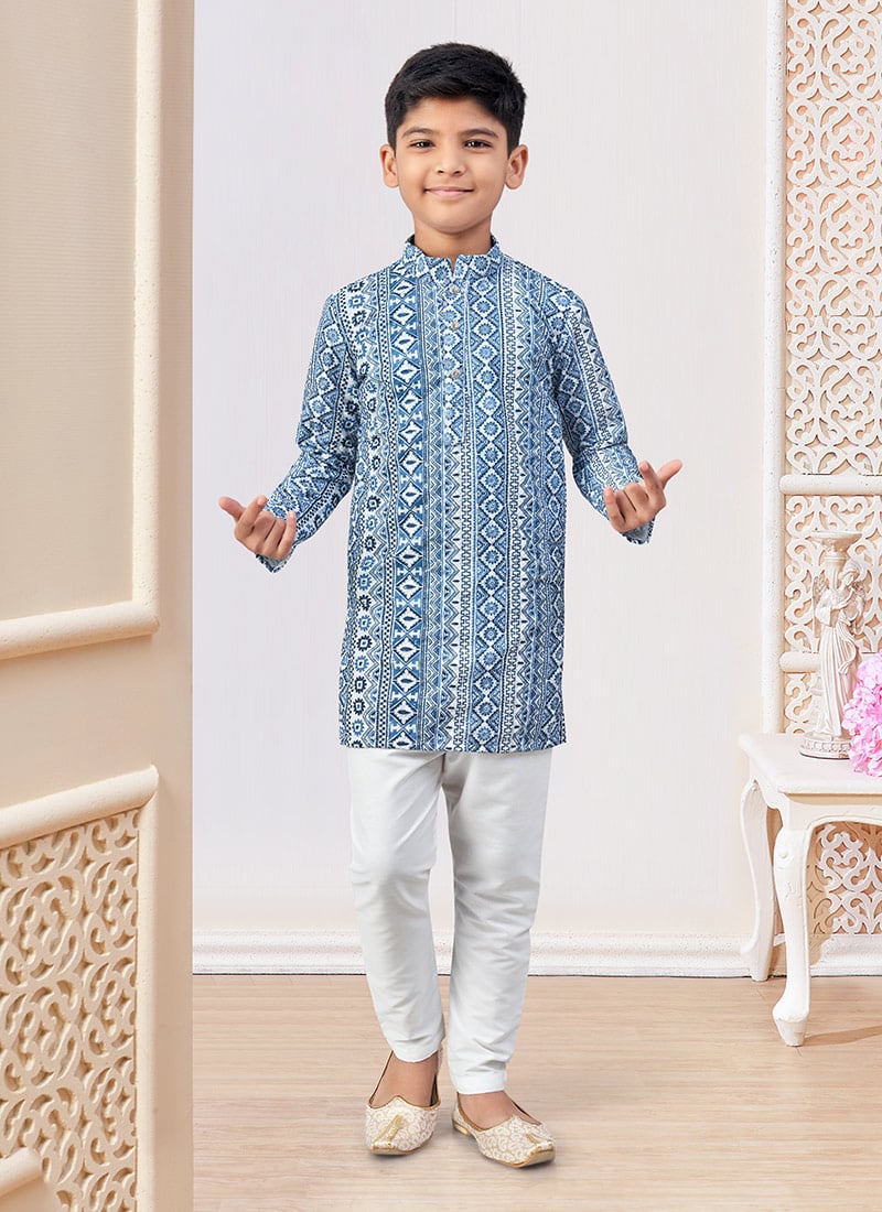 Blue Cotton Printed And Chikankari Embroidered Boys Kurta Pyjama Festive Wear
