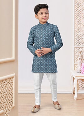 Blue Cotton Printed And Chikankari Embroidered Boys Kurta Pyjama