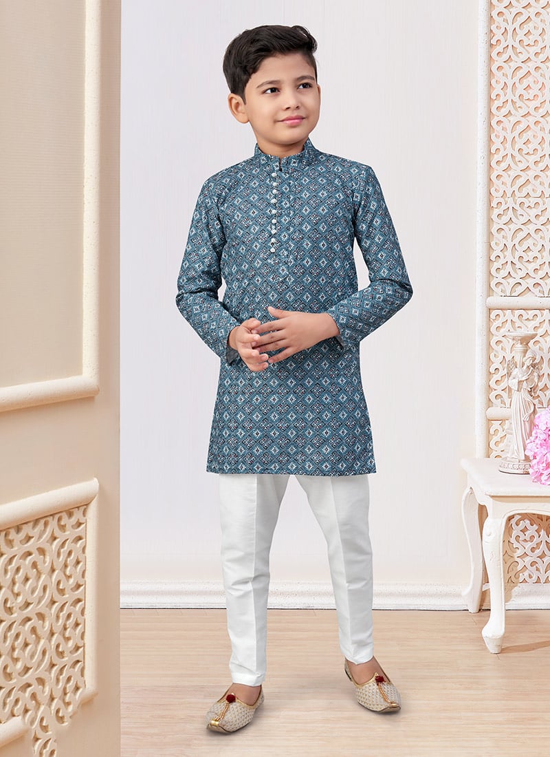 Blue Cotton Printed And Chikankari Embroidered Boys Kurta Pyjama Festive Wear