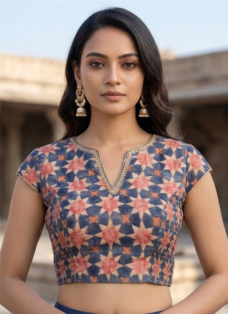 Blue Cotton Printed Blouse Festive Wear