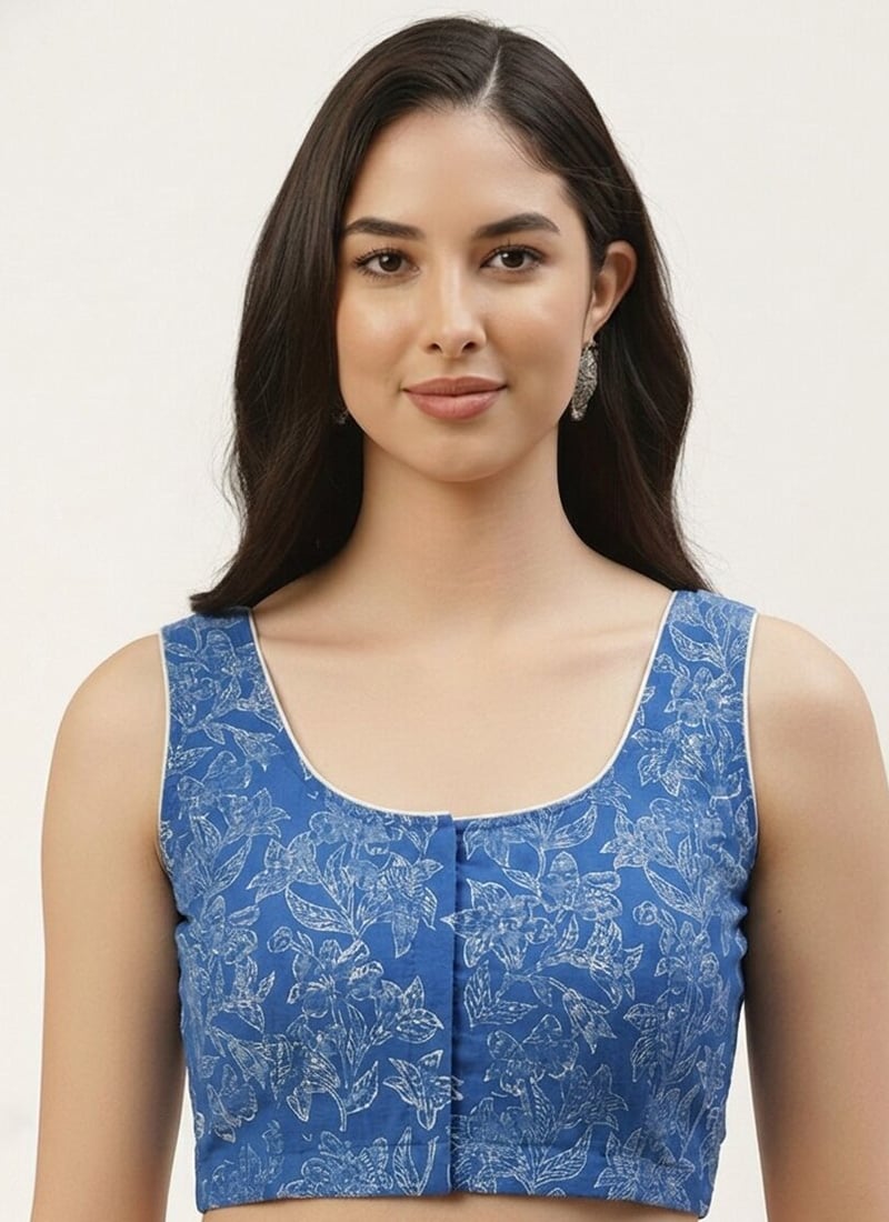 Blue Cotton Printed Blouse Work Wear