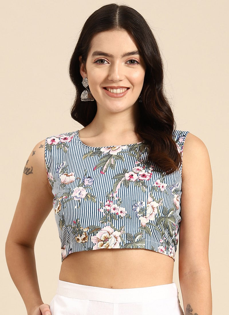 Blue Cotton Printed Blouse After Six Wear