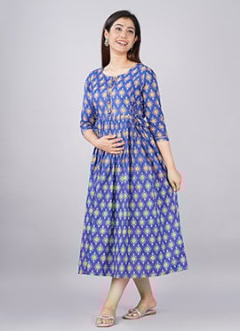 Blue Cotton Printed Dress