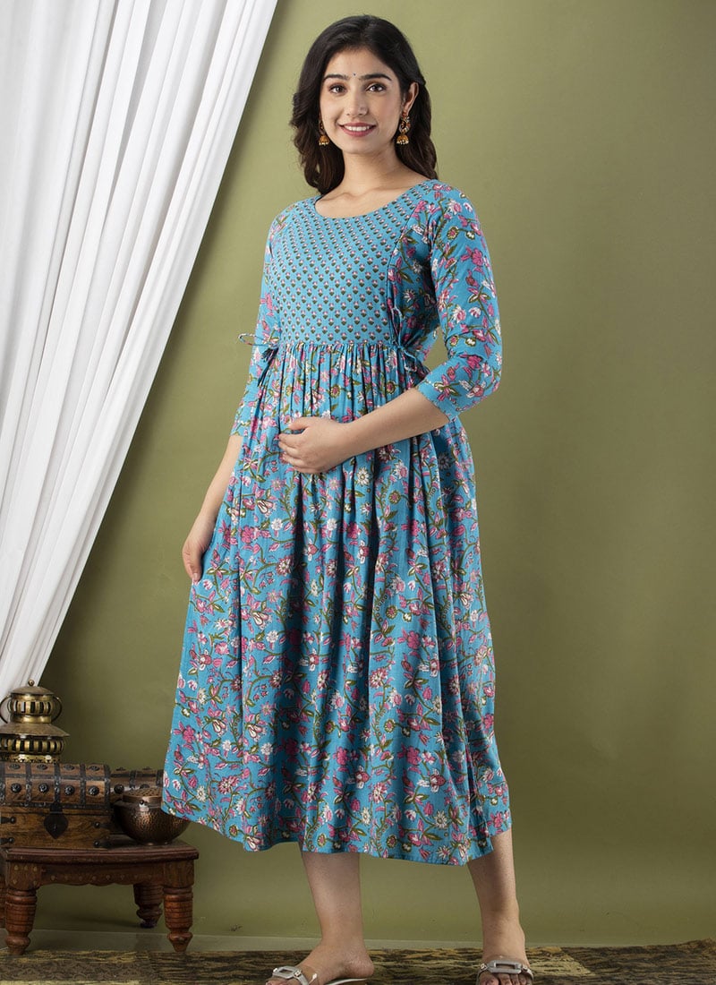 Blue Cotton Printed Dress After Six Wear