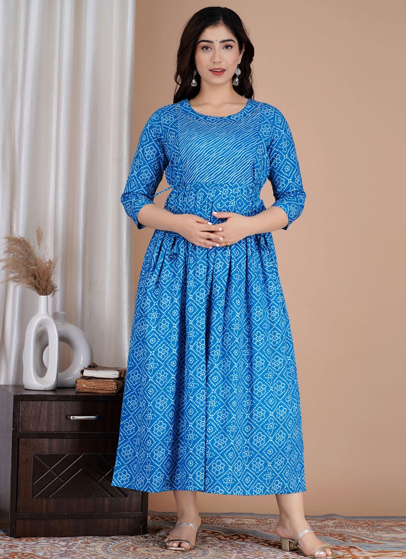 Blue Cotton Printed Dress After Six Wear