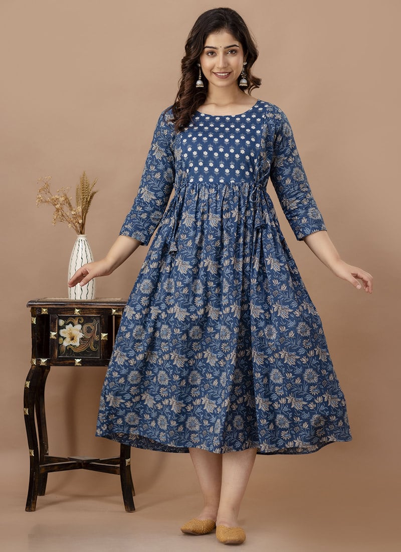 Blue Cotton Printed Dress After Six Wear