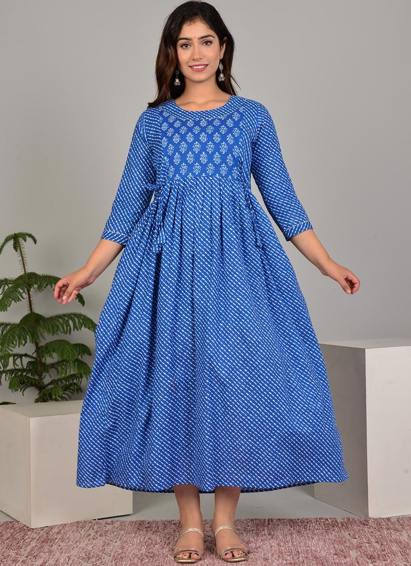 Blue Cotton Printed Dress After Six Wear